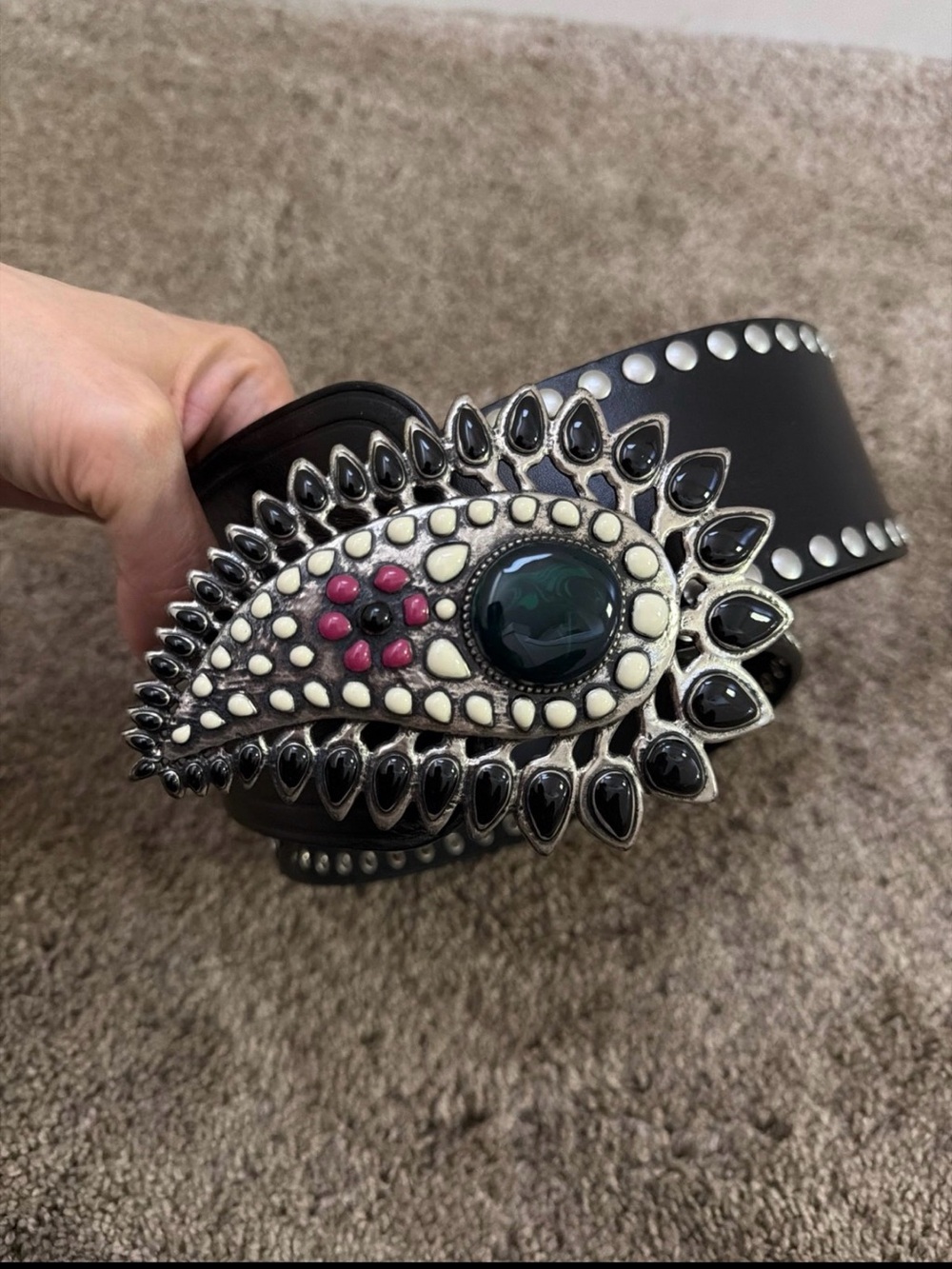 Isabel Marant Decorative Black Leather Belt with Ornate Jewel Buckle